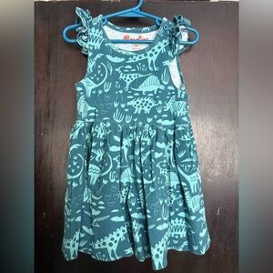 Piccolina 4T Teal Blue Dinosaur all over Print Kids Dress ruffles and button
